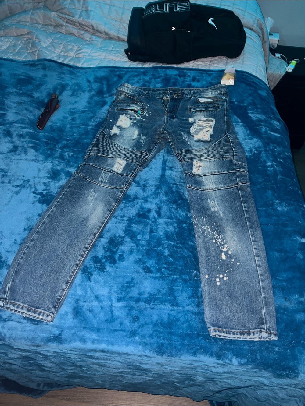 Mossimo Supply Co. Slim Distressed Blue Jeans with Paint-Splash Detail